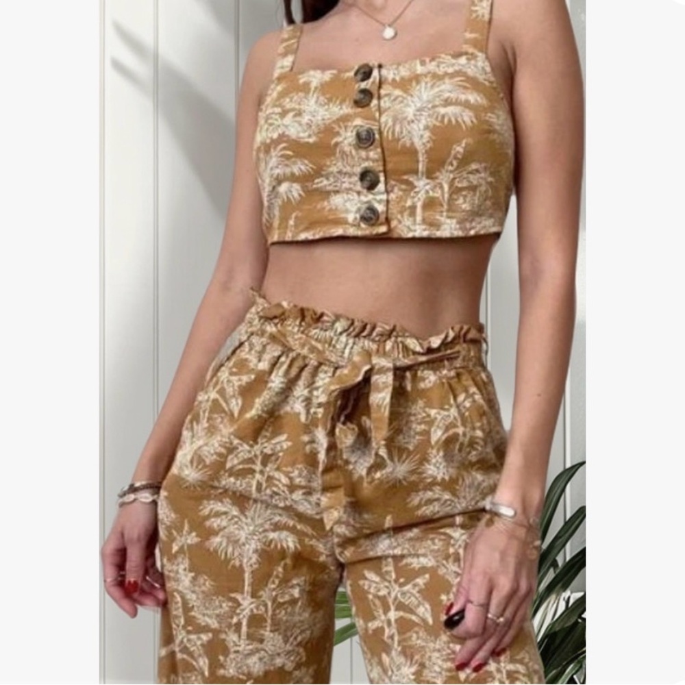 American Eagle Two-Piece Palm Print Crop Top + Pants Set in Mustard